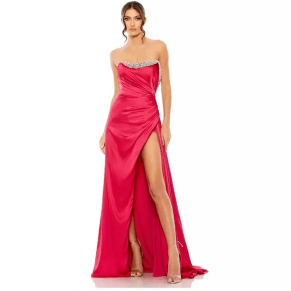 Mac Duggal Strapless Ruched Embellished Gem Gown Hot Pink Dress Size 10 - Picture 1 of 13